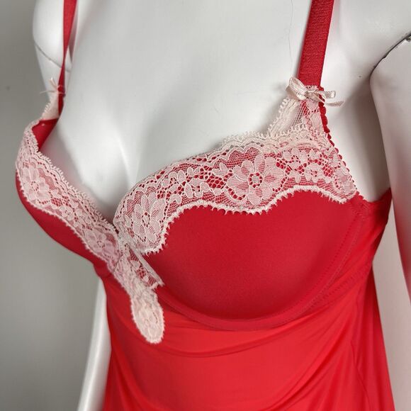 Victoria's Secret Red Padded Underwire 36C Babydoll Chemise Slip Dress Lace Trim - Picture 5 of 15